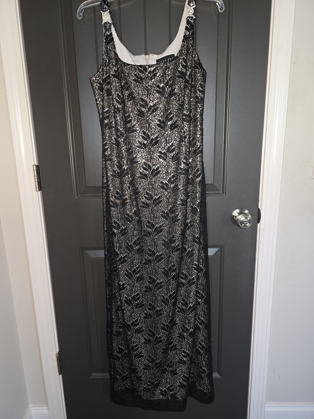 Bari Jay Black and Silver Beaded Maxi Dress